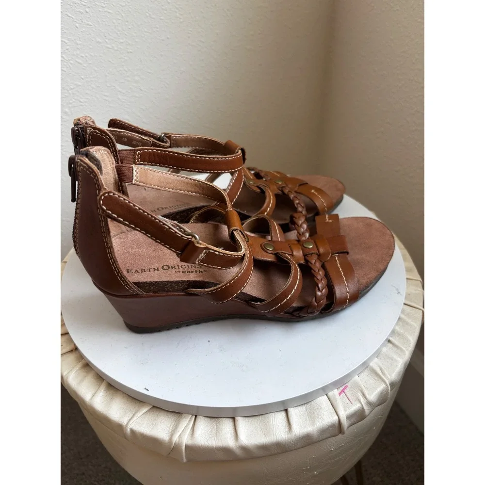 Earth Origins Kendall Wedge Sandals 6M Brown Leather Strappy Boho Gladiator